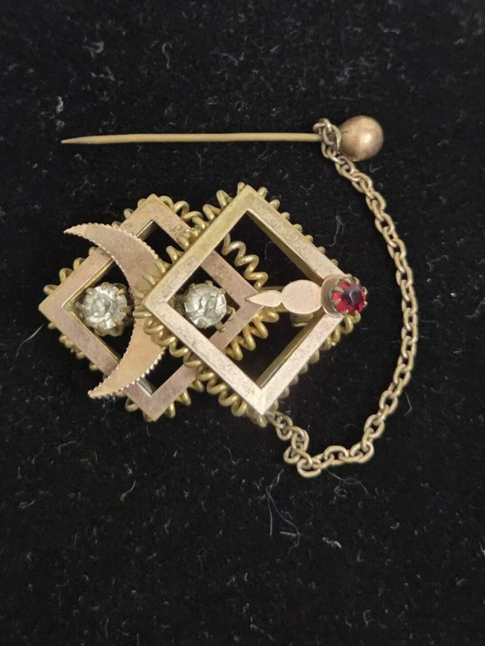 Antique Victorian Gilt Brass Brooch Paste Stones & Red Glass, Added Safety Chain
